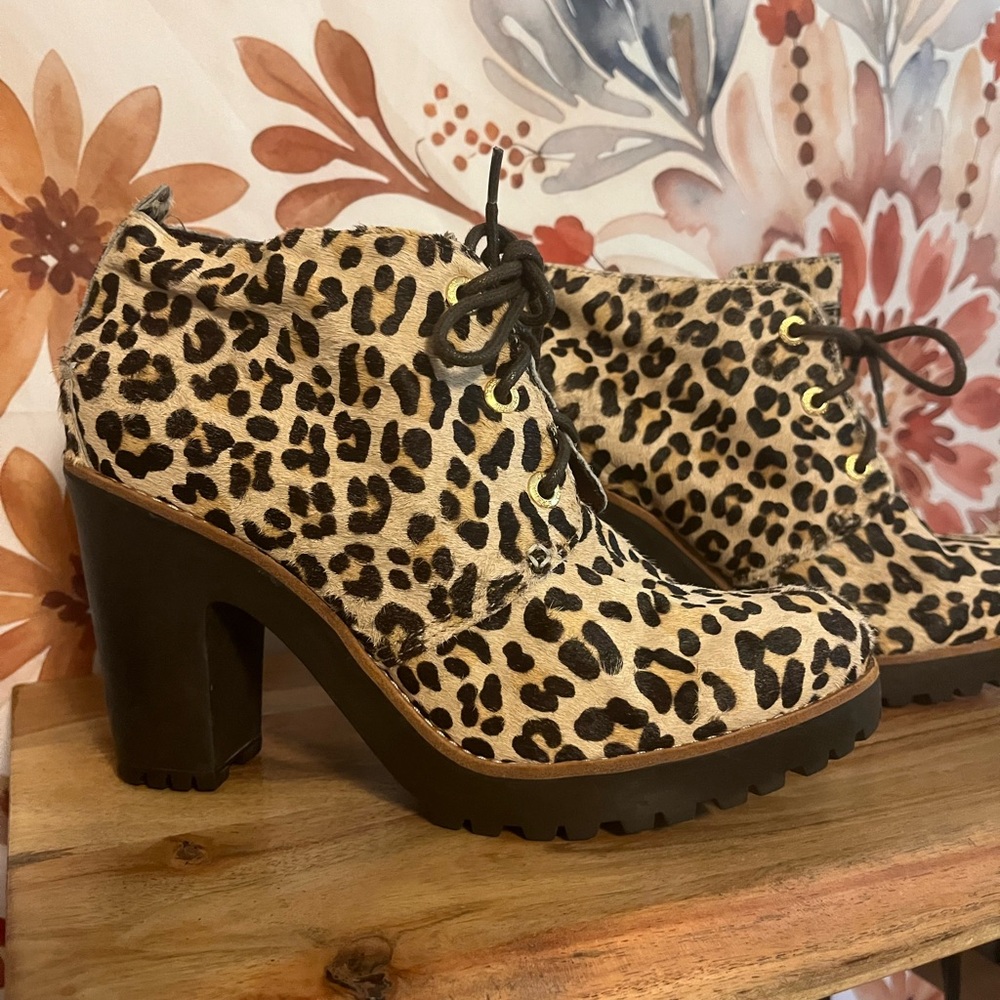 Sperry Princeton Womens 9M Leopard Leather Faux Fur Chunky Heel Fall Booties